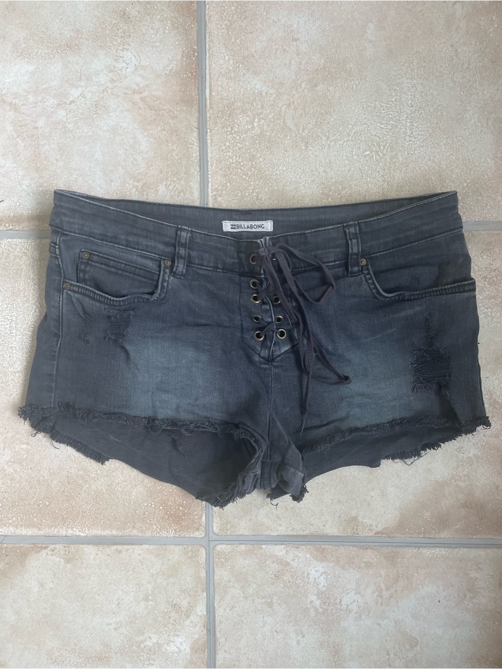 Billabong Black Denim Lace Up Shorts Distressed Shortie Short; SZ 27